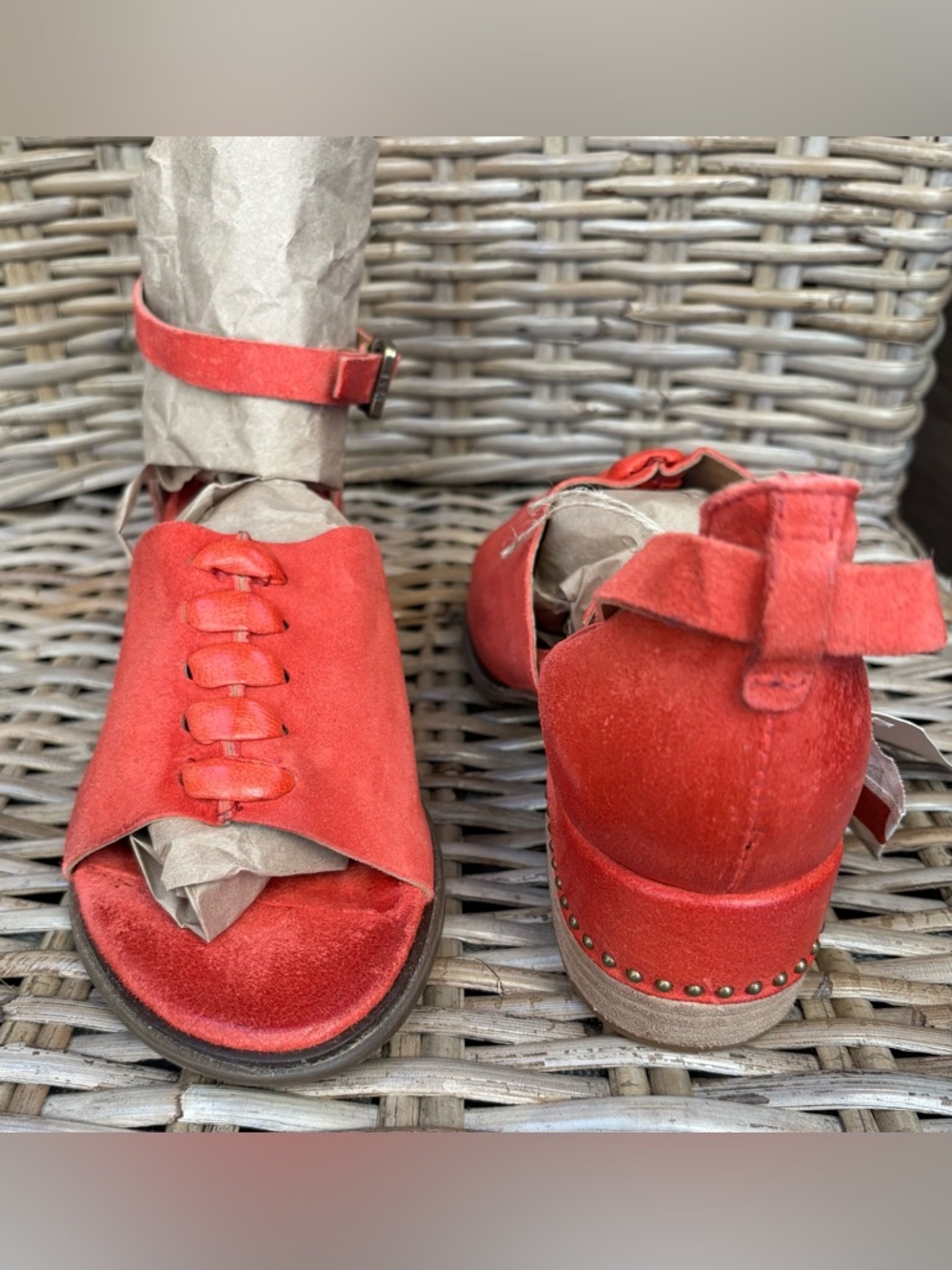 A.S.98 Women's Red Suede Open-Toe Ankle Strap Sandals in - Picture 6 of 11